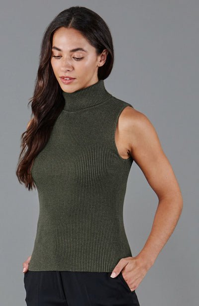green womens sleeveless roll neck jumper