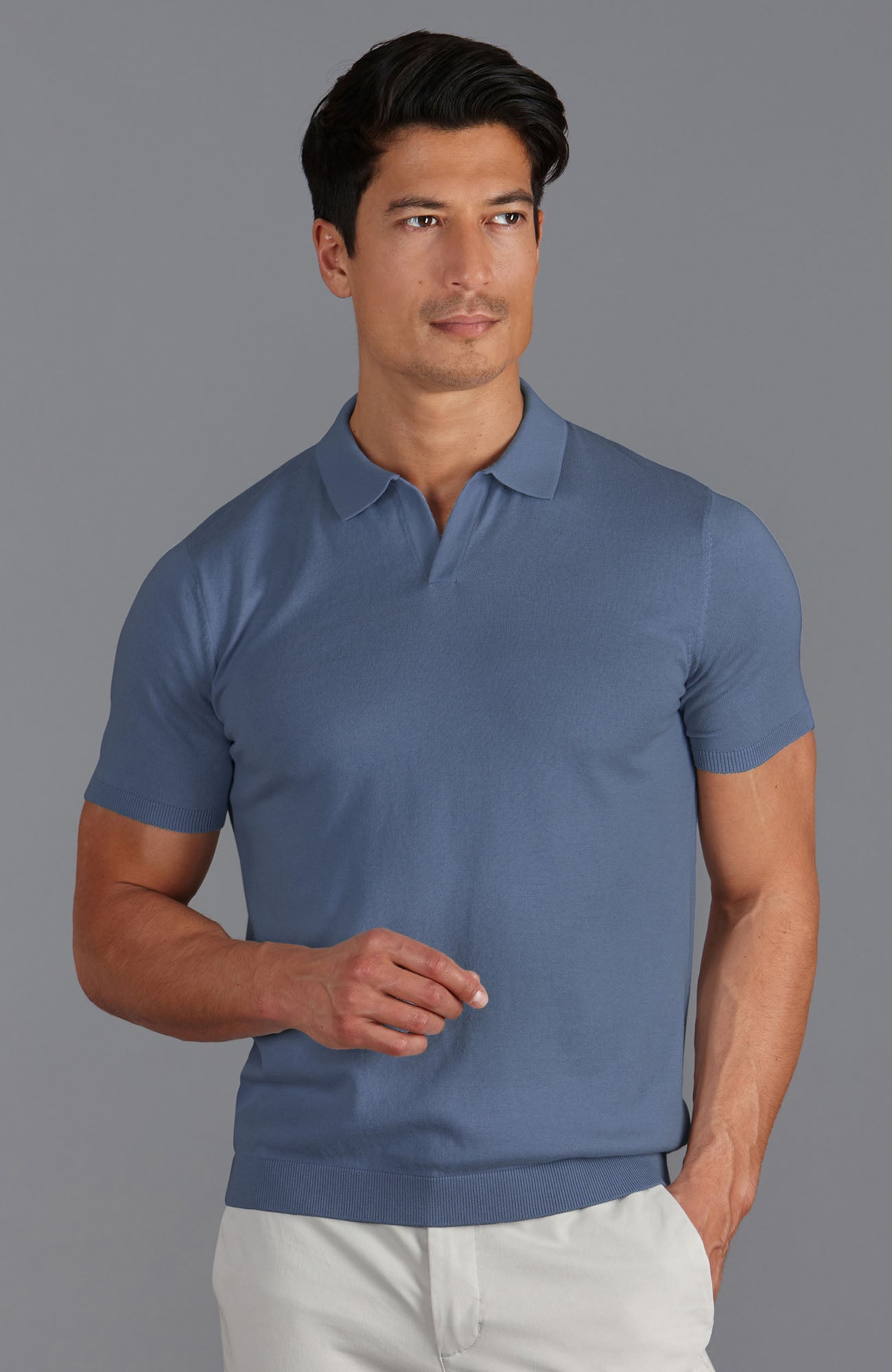 blue mens buttonless polo shirt