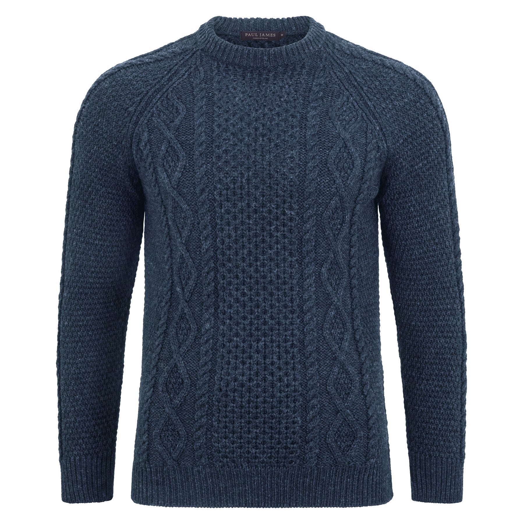 Blue cable wool mens knit sweater by paul james