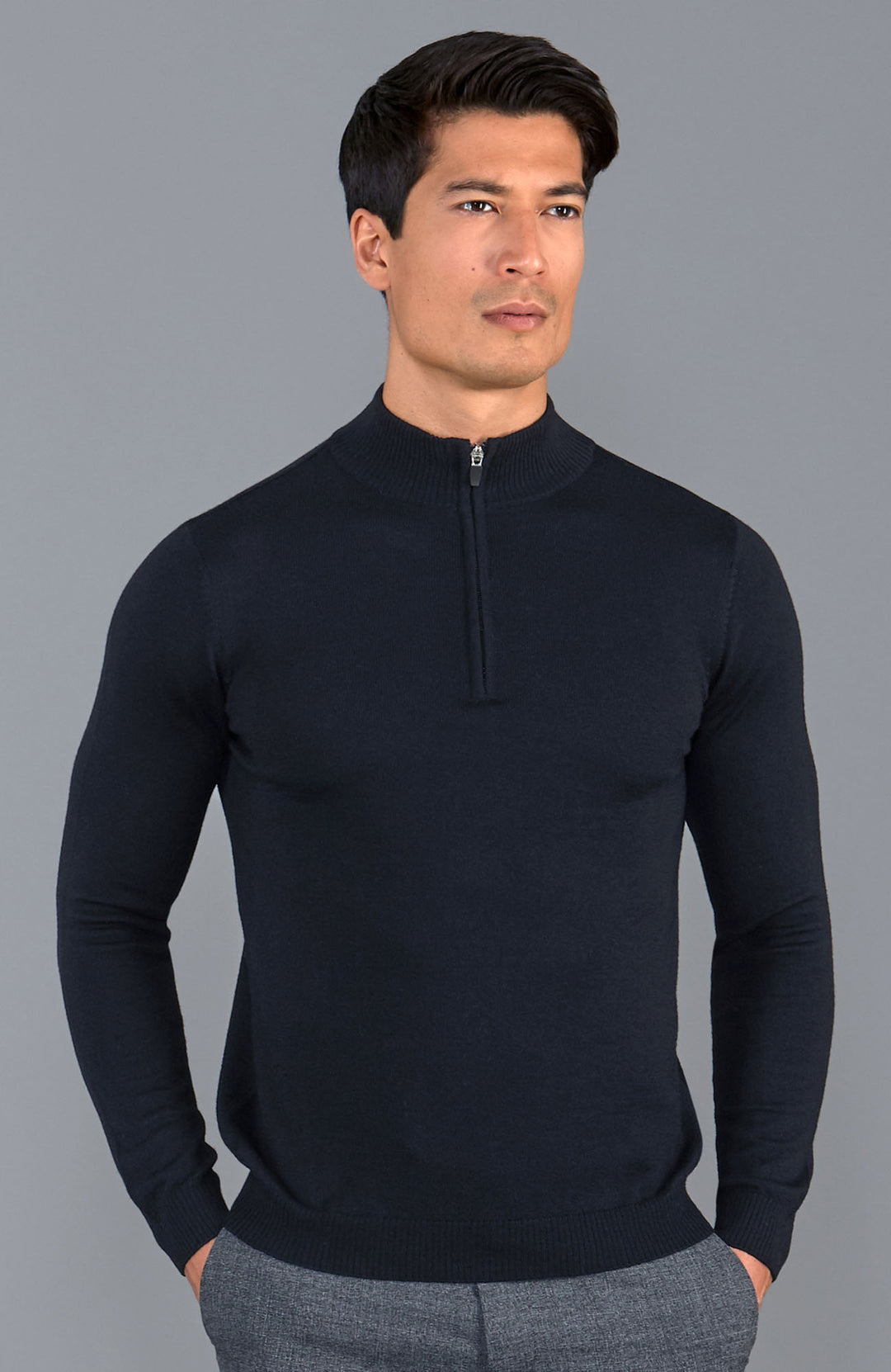 navy mens zip neck merino wool jumper