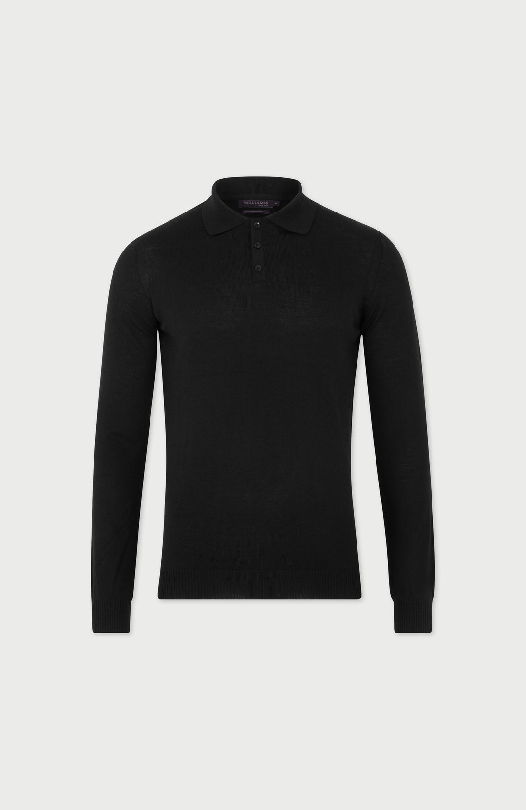 Black Mens Extra Fine Merino Wool Long Sleeve Polo Shirt By Paul James