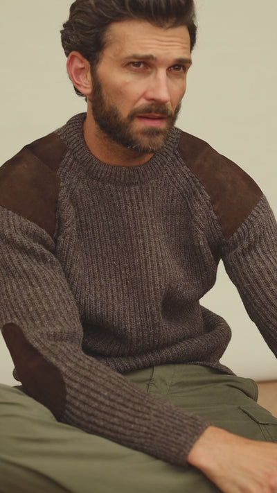 mens brown wool rib shooting jumper with patches