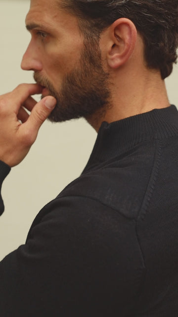 black mens fine merino wool zip neck jumper