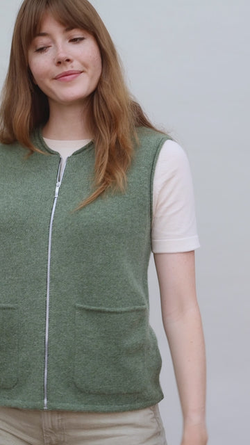 green womens wool gilet with zip by paul james knitwear