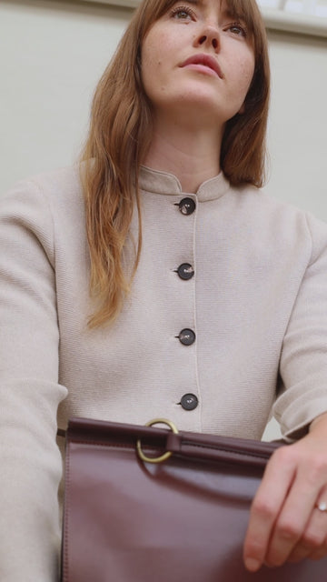 Women's beige cotton knitted mandarin collar jacket