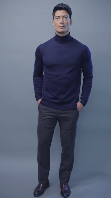 navy mens merino roll neck jumper by Paul James