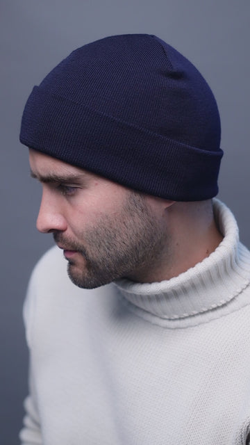 navy mens knitted watch cap beanie by Paul James