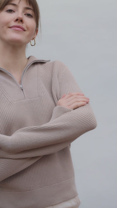 womens zip neck cotton rib sweater