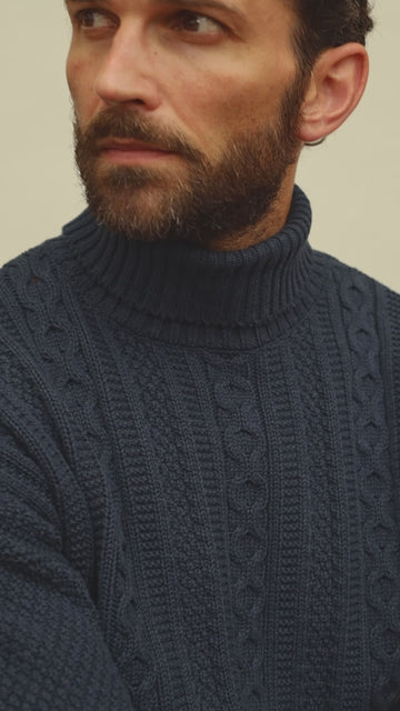 men chunky cable roll neck gansey sweater