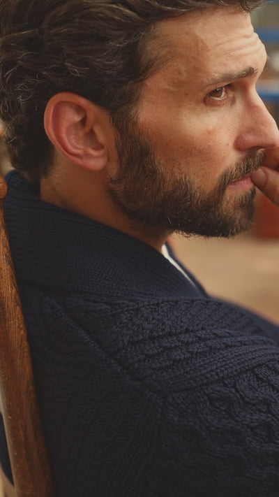 MENS NAVY CHUNKY WOOL CABLE CARDIGAN
