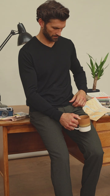 mens black v neck fine wool jumper by Paul James