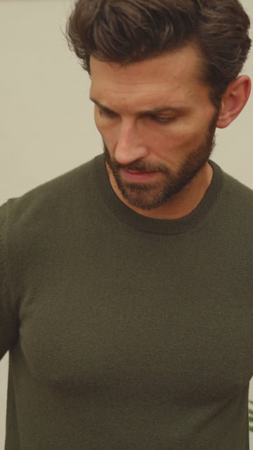 merino cashmere green mens crew neck sweater by Paul James