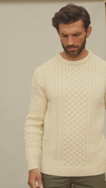 ecru mens British wool cable jumper By Paul James