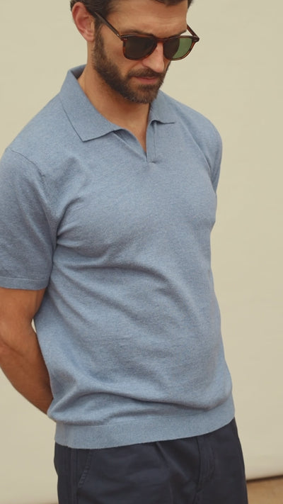 blue mens knitted polo shirt