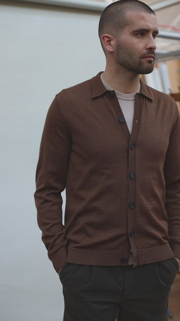 Oak Brown mens merino wool polo cardigan by Paul James