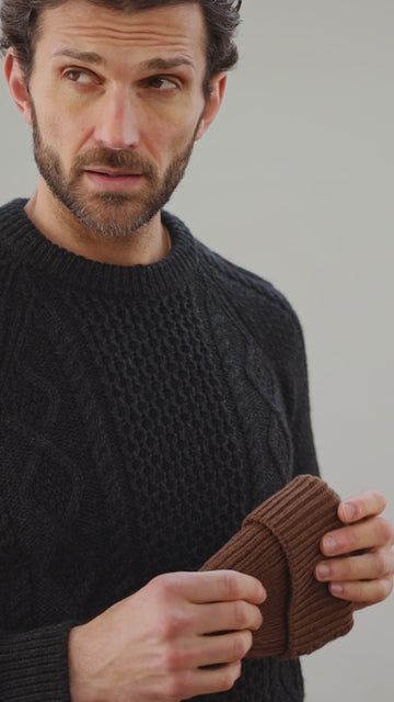 Men's dark charcoal made in England wool cable chunky jumper by Paul James Knitwear