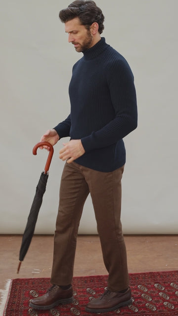 Navy men's winter chunky cotton roll neck sweater by Paul James Knitwear