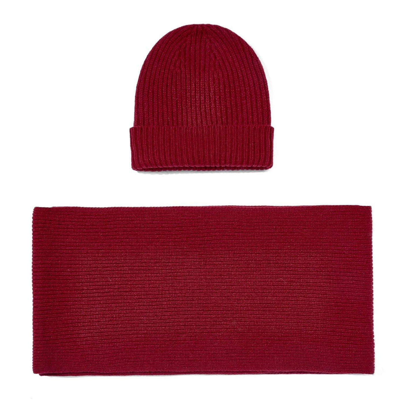 red knitted cashmere ribbed beanie and scarf gift set