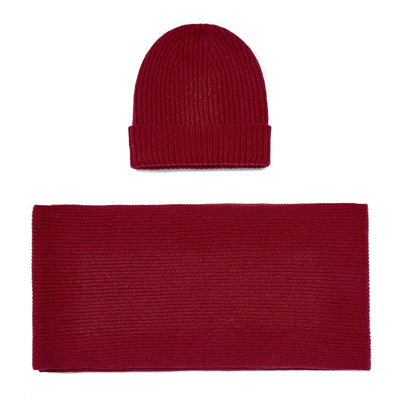red knitted cashmere ribbed beanie and scarf gift set