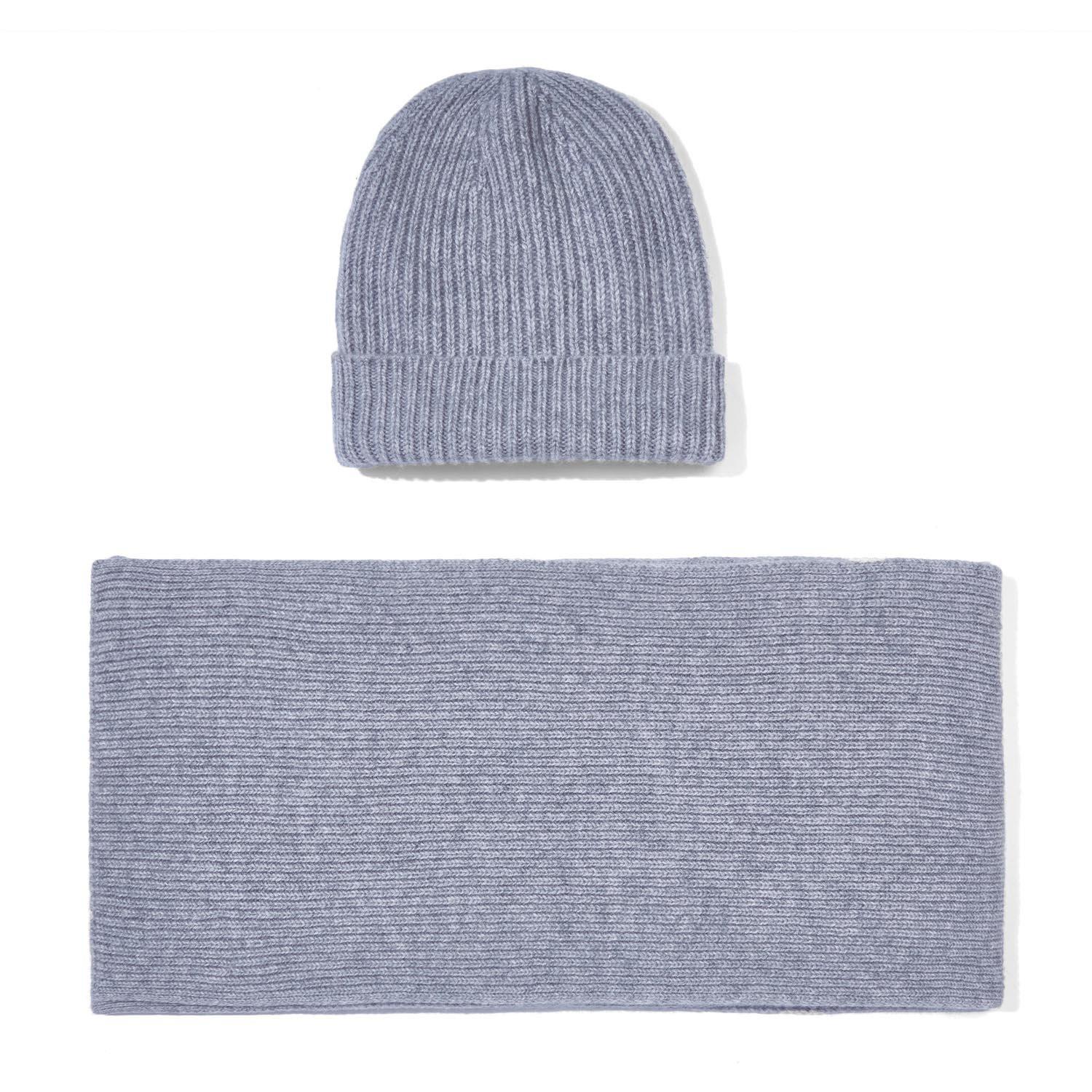 grey knitted cashmere ribbed beanie and scarf gift set