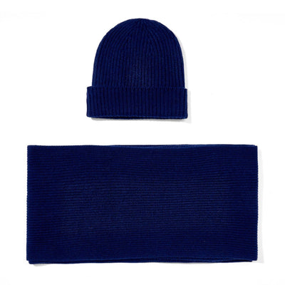 navy knitted cashmere ribbed beanie and scarf gift set