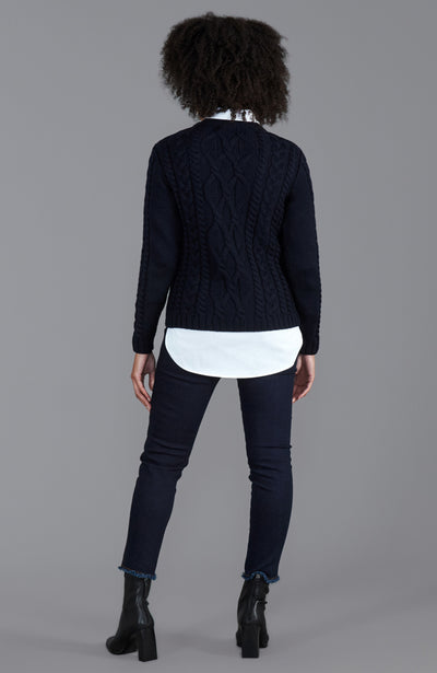 womens navy merino wool winter chunky cable jumper back