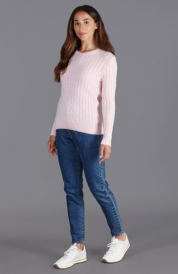 pink womens cotton cable jumper