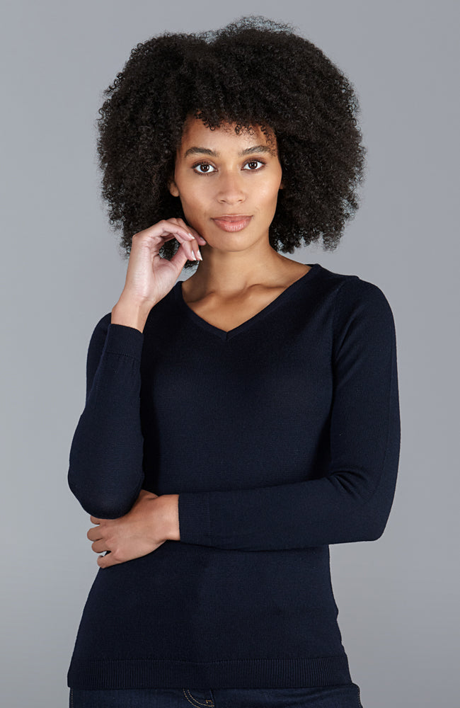 womens luxury navy v neck fine merino knit jumper