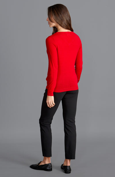 womens red fine knit warm merino wool v neck jumper