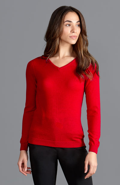 womens red fine knit warm merino wool v neck jumper