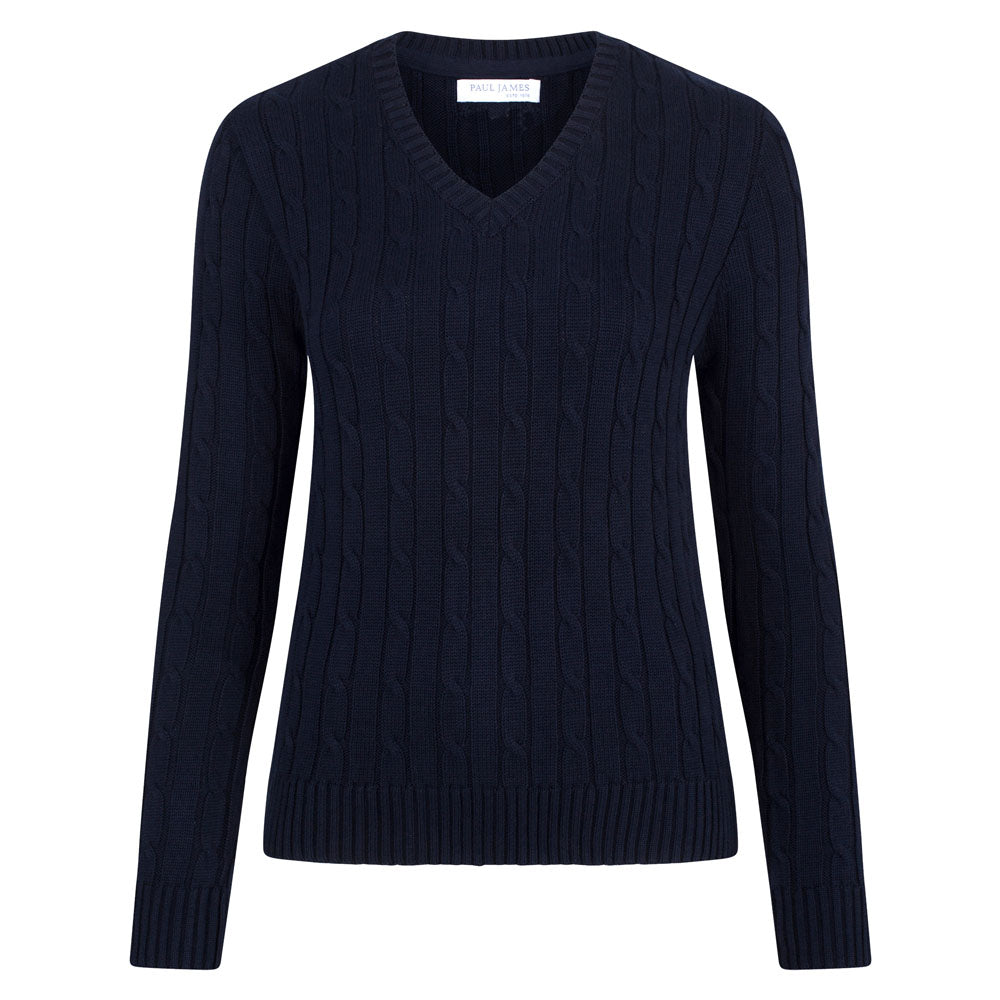 womens navy v neck cotton cable jumper