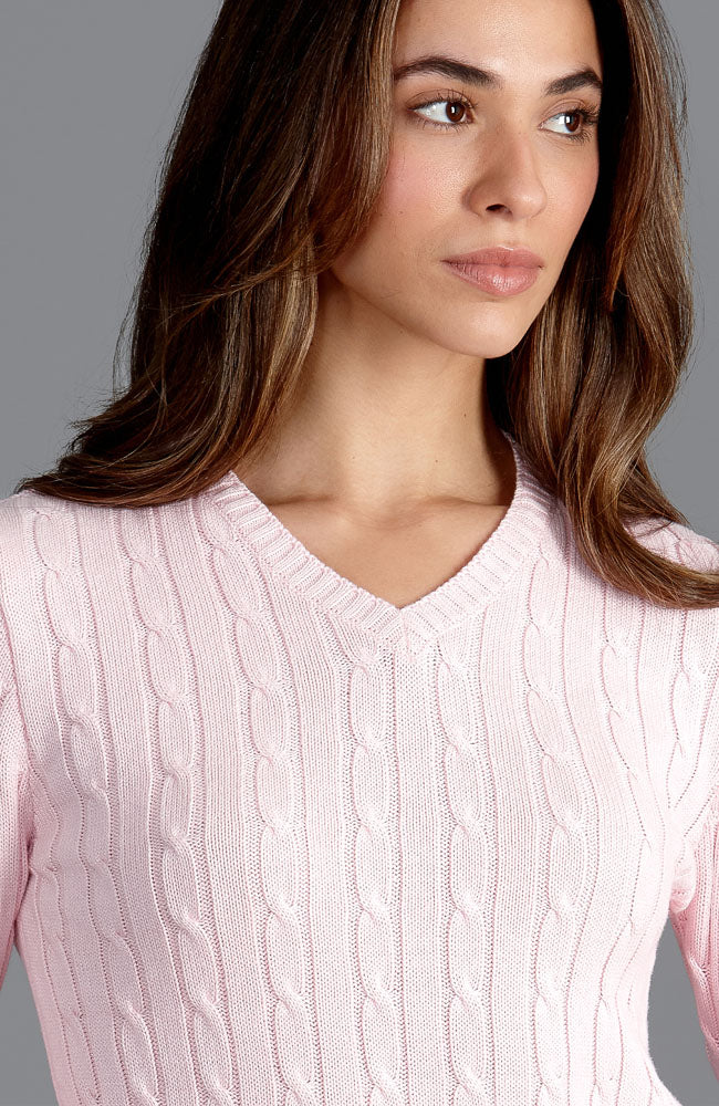 Womens Cotton Cable V Neck Jumper