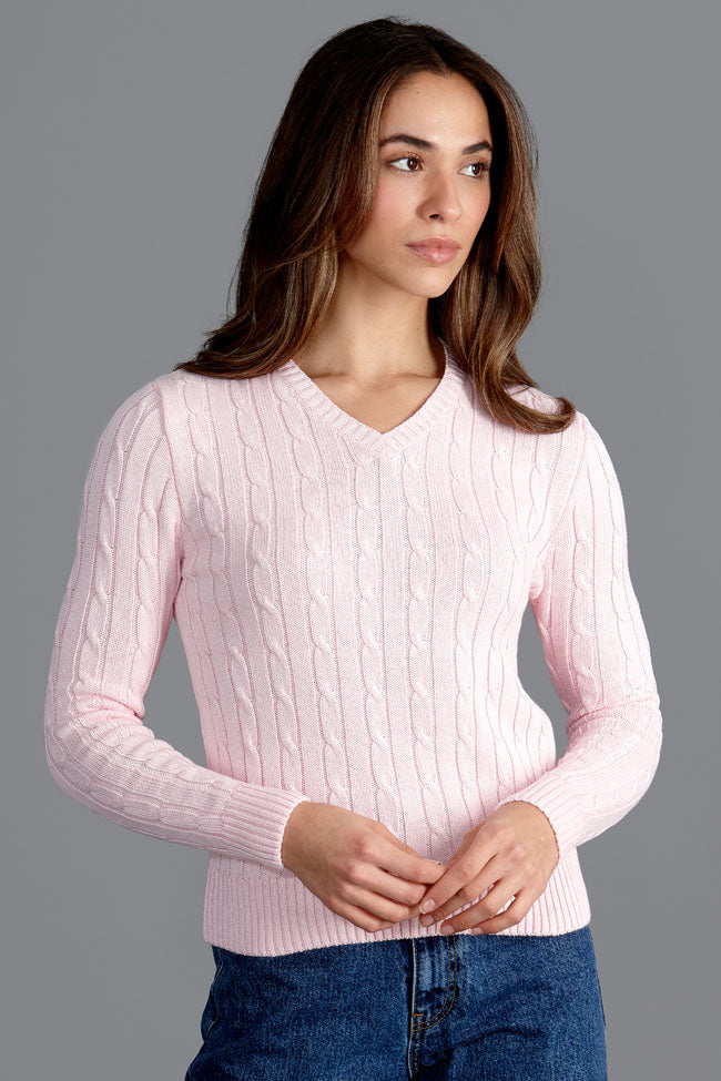 Womens 100% Cotton Cable V Neck Jumper