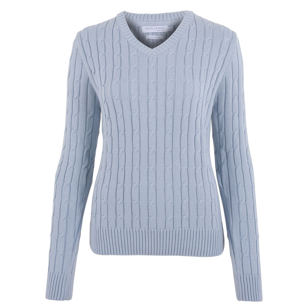 ladies light blue cotton cable sweater front