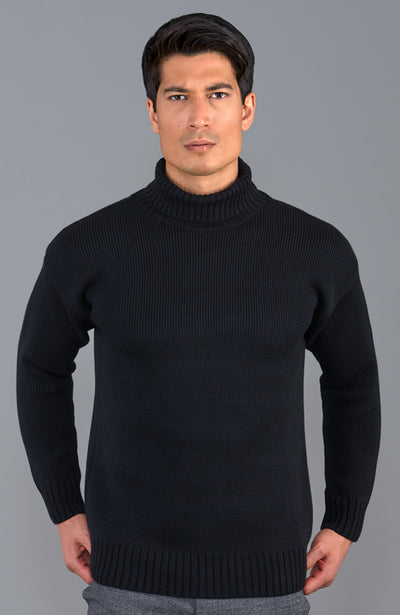 mens black warm winter cotton roll neck submariner jumper