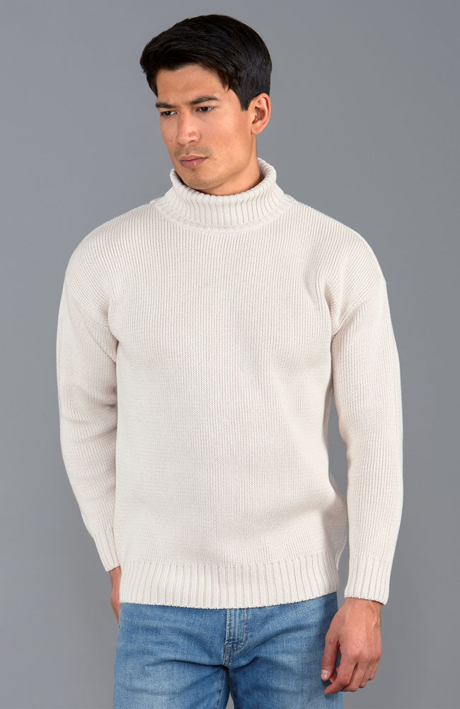 mens warm white cotton roll neck submariner jumper