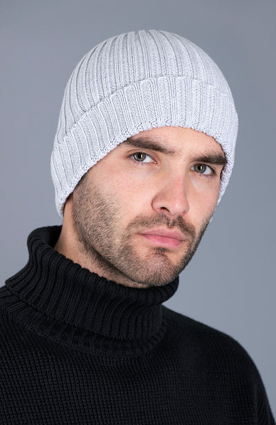 comfortable light grey cotton ribbed beanie hat