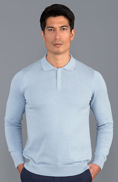 mens light blue cotton long sleeve polo shirt jumper