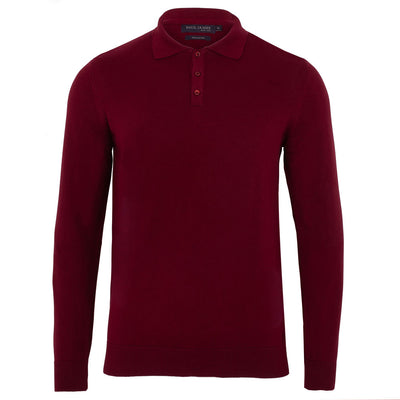 mens dark burgundy long sleeve knitted polo shirt