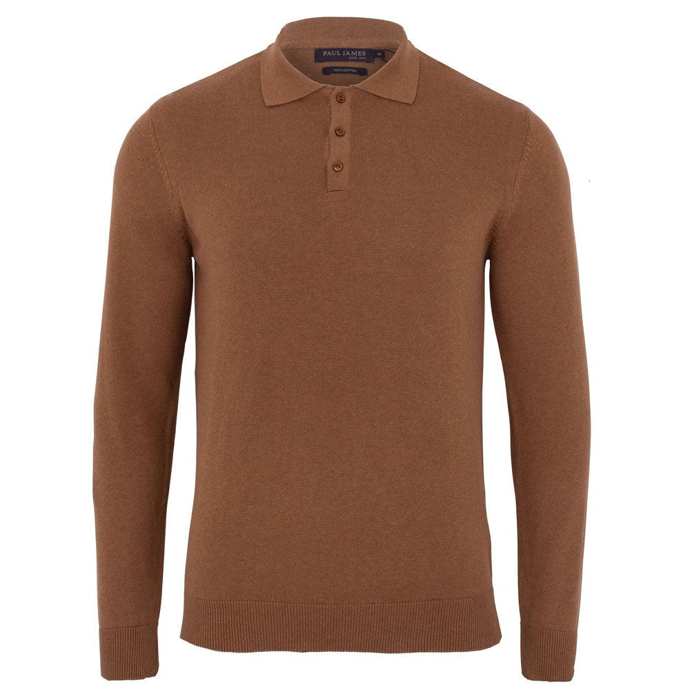 mens camel brown long sleeve knitted polo shirt