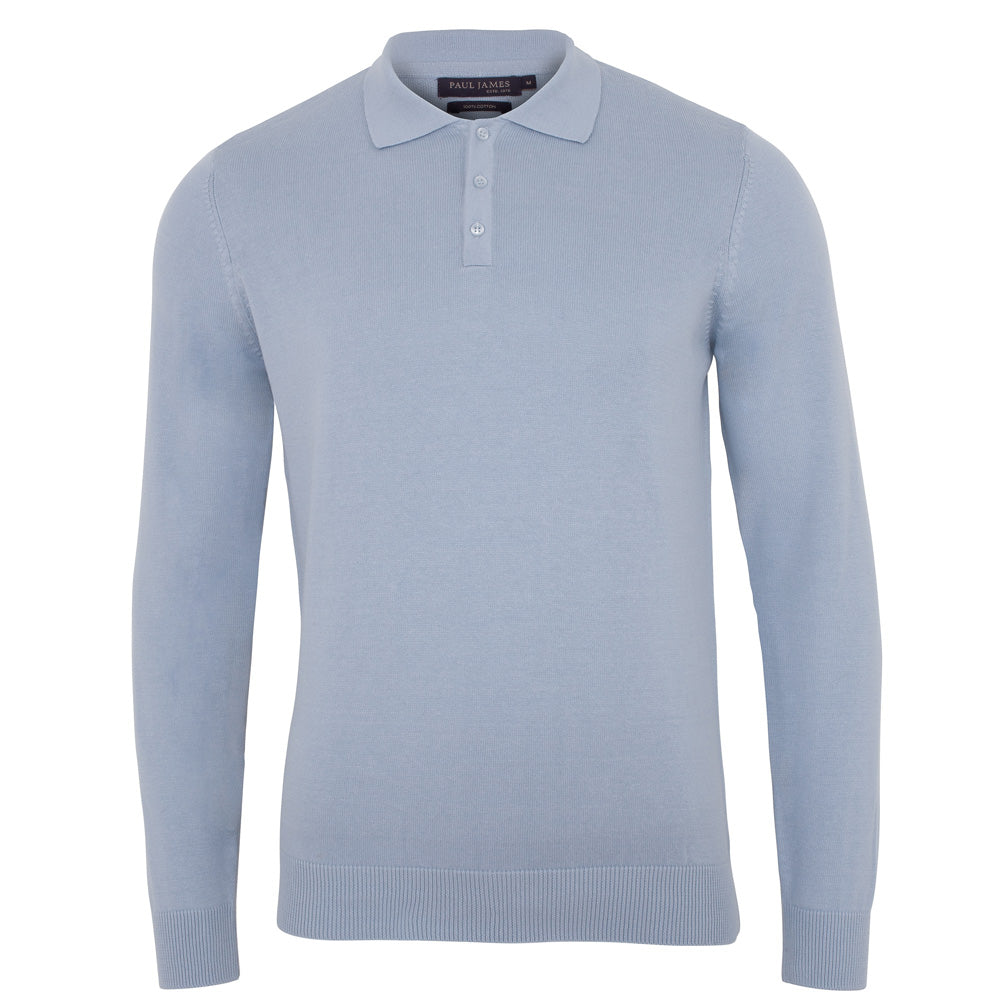mens chalk blue long sleeve knitted polo shirt