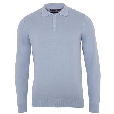 mens chalk blue long sleeve knitted polo shirt