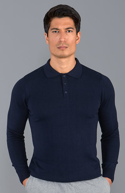 mens navy cotton long sleeve polo shirt