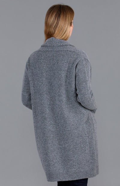 women grey long wool cardigan back