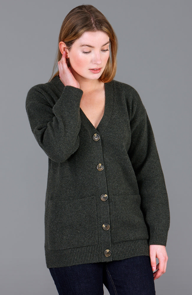 womens green wool winter cardigan with pockets