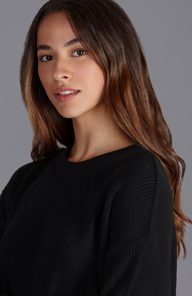 womens black fisherman cotton rib jumper close up