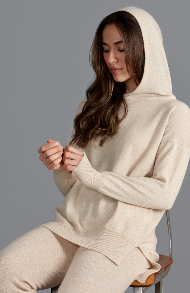 beige womens cashmere jumper with hood