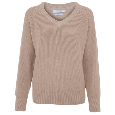 womens beige relaxed fit v neck cotton jumper