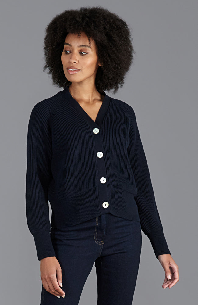navy  quality oversized cotton cardigan with mother of pearl natural shell buttons