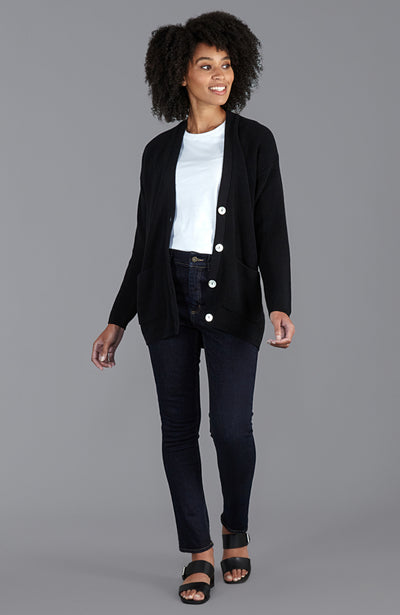 womens black long cotton cardigan with pockets